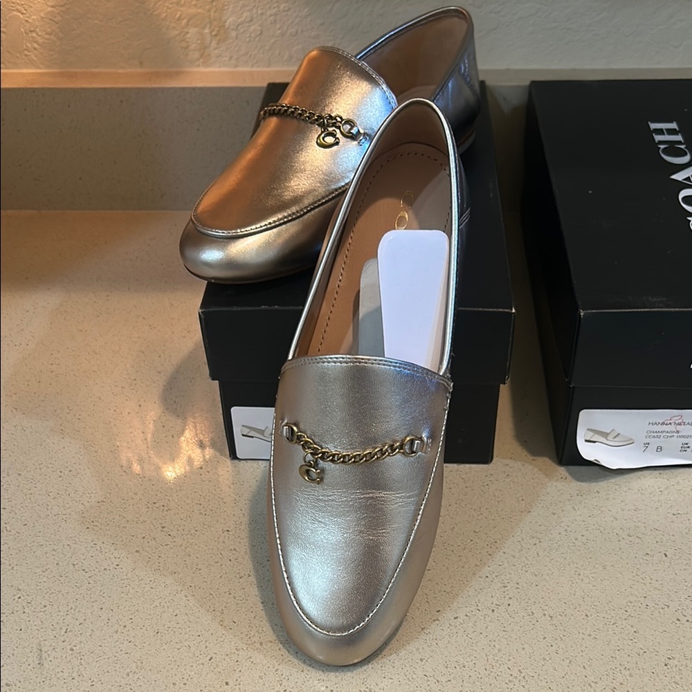 Coach Metallic Silver Loafers with Gold Chain